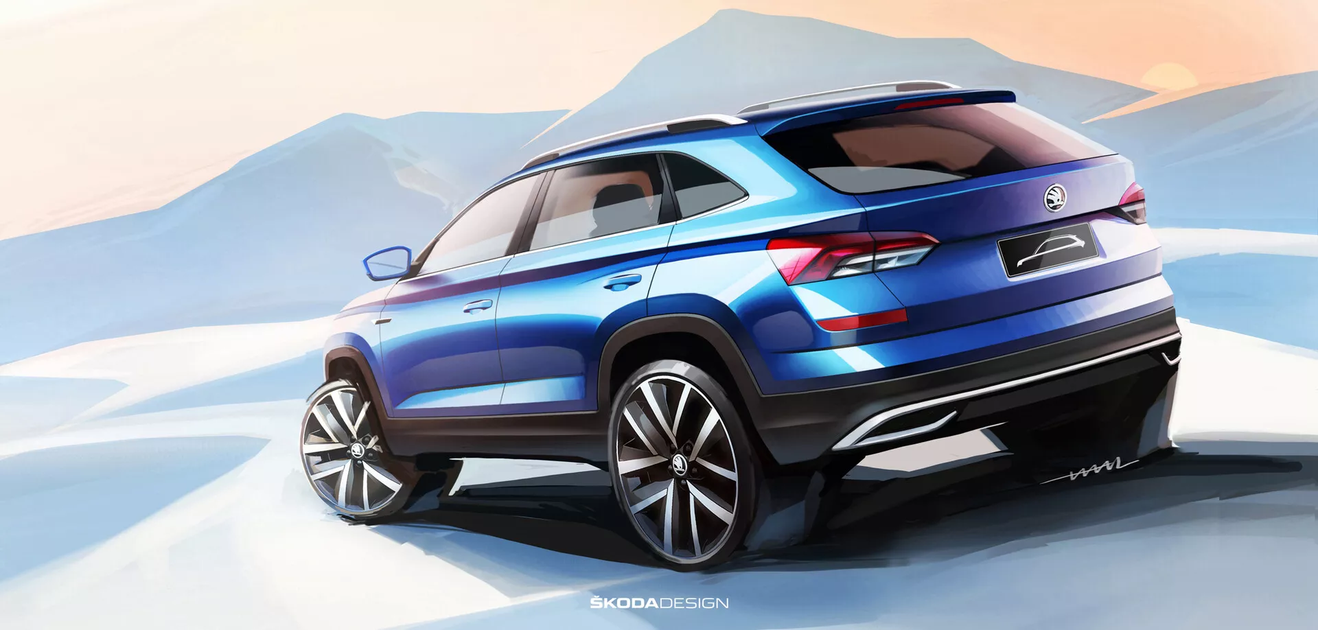 Rendu graphique de la Skoda Kamiq 2019 en bleu vibrant, affichant un design moderne de SUV avec de grandes roues et des feux arrière LED, vue sous un angle arrière de trois quarts contre un paysage montagneux stylisé.