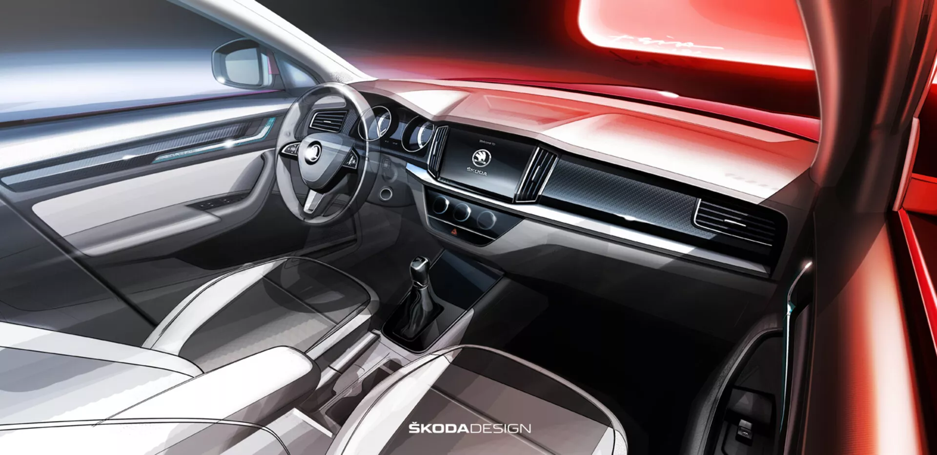 Vue intérieure d'une Skoda Kamiq 2019 se concentrant sur le tableau de bord et l'espace cabine avant du point de vue du passager, comportant un volant moderne avec commandes intégrées, un tableau de bord avec garniture métallique et aérations, un écran tactile central d'infodivertissement, et des indices d'un levier de vitesse automatique élégant et console centrale