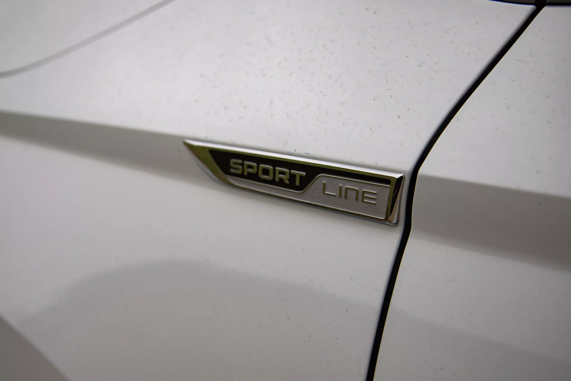 Gros plan du badge SPORT LINE de la Skoda Karoq 2021 en police sans-serif en gras argenté avec accent vert sur le corps de la voiture, montré sous un angle oblique avec une faible profondeur de champ sur un fond blanc légèrement poussiéreux, mettant en évidence les détails de la variante de modèle de voiture.