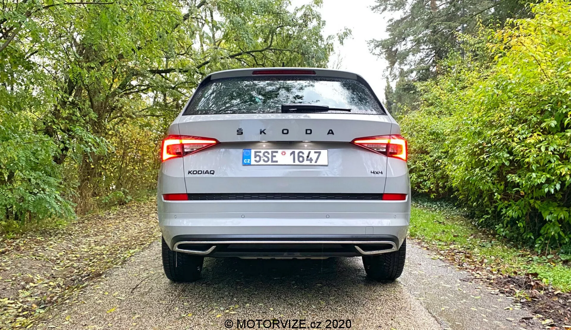 Vue arrière d'une Škoda Kodiaq argentée de 2017. Met en évidence le logo Škoda centré à l'arrière, le nom du modèle 'KODIAQ' et l'indication du niveau de finition '4x4', avec plaque d'immatriculation tchèque entre des feux arrière LED modernes, pare-chocs bicolore, réflecteurs et éventuellement des capteurs de stationnement.