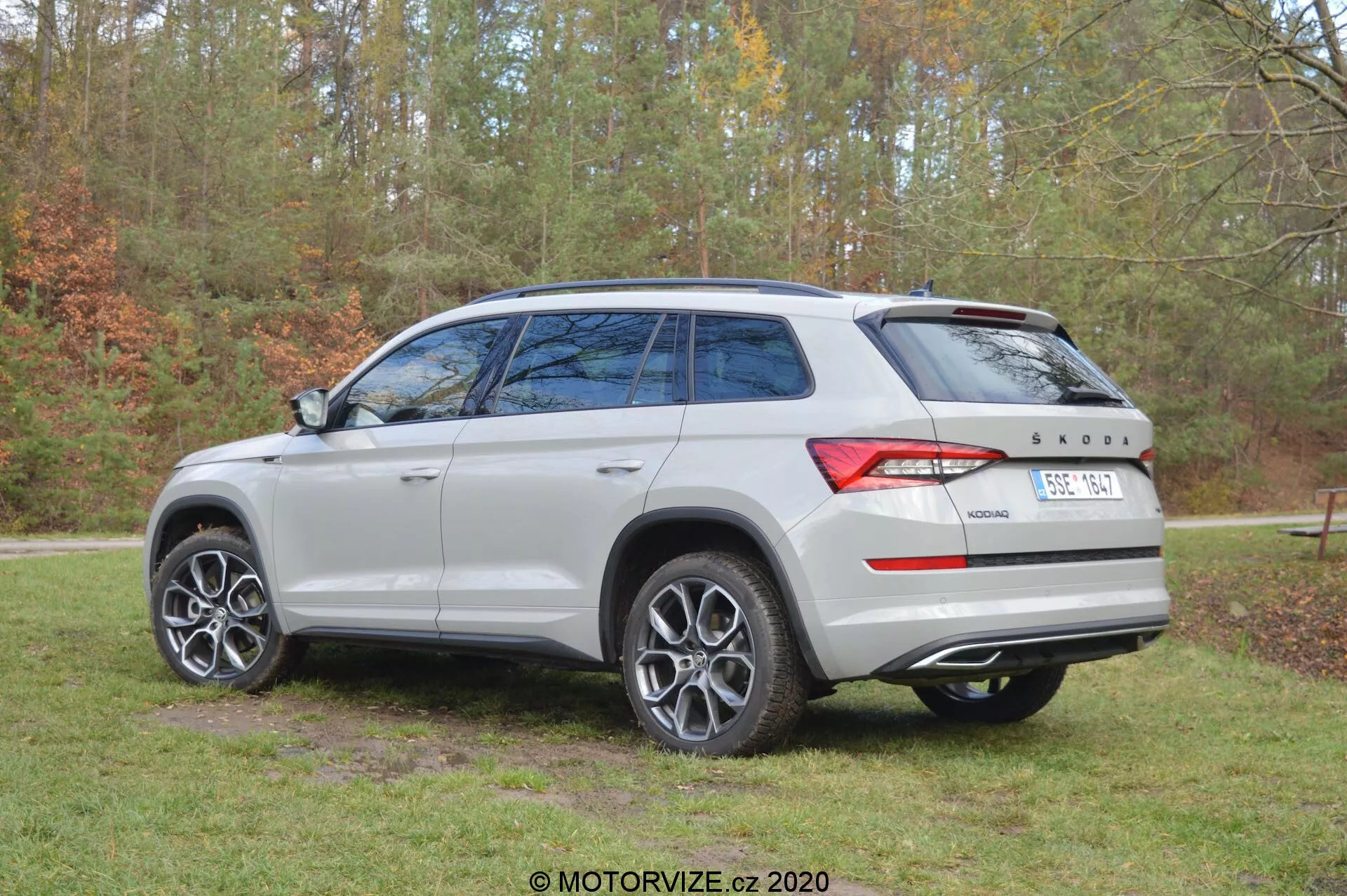 Image d'une Škoda Kodiaq 2017 prise sous un angle trois-quarts arrière, montrant la couleur argenté/gris clair du véhicule, les jantes en alliage à multiples rayons, les vitres arrière teintées, le toit ouvrant panoramique et le design distinctif des feux arrière. La voiture est garée à l'extérieur avec en arrière-plan des arbres et de l'herbe, indiquant un cadre naturel. Sur le hayon arrière sont visibles les badges Škoda et le signe de transmission '4x4'.