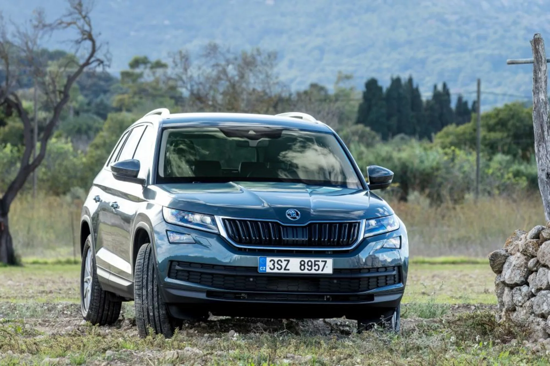 Skoda Kodiaq 2017 vue de trois quarts avant dynamique exposant phares LED, feux de jour, calandre à lamelles verticales, jantes en alliage à multiples rayons, protections de carrosserie et habillages, rétroviseurs latéraux avec clignotants et vitres teintées, dans un environnement naturel propice au tout-terrain