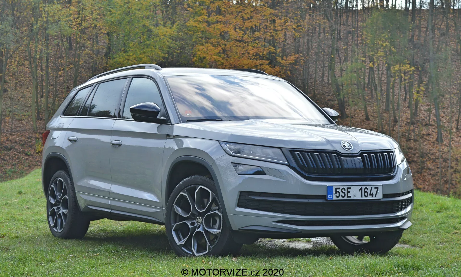 Cette image présente un SUV Škoda Kodiaq 2017 capturé sous un angle de trois quarts avant, en se concentrant sur le côté gauche du véhicule. La photo met en avant la calandre avant avec le design Škoda à lattes verticales caractéristique, la configuration des phares probablement à technologie LED, et le logo de la marque au centre. Le profil latéral inclut la porte avant du conducteur, la porte arrière du passager, les barres de toit et des parties du quart arrière. Les jantes alliage au design à rayons sont également bien visibles. Le cadre extérieur avec un fond herbeux et un feuillage automnal améliore l'esthétique du SUV moderne.
