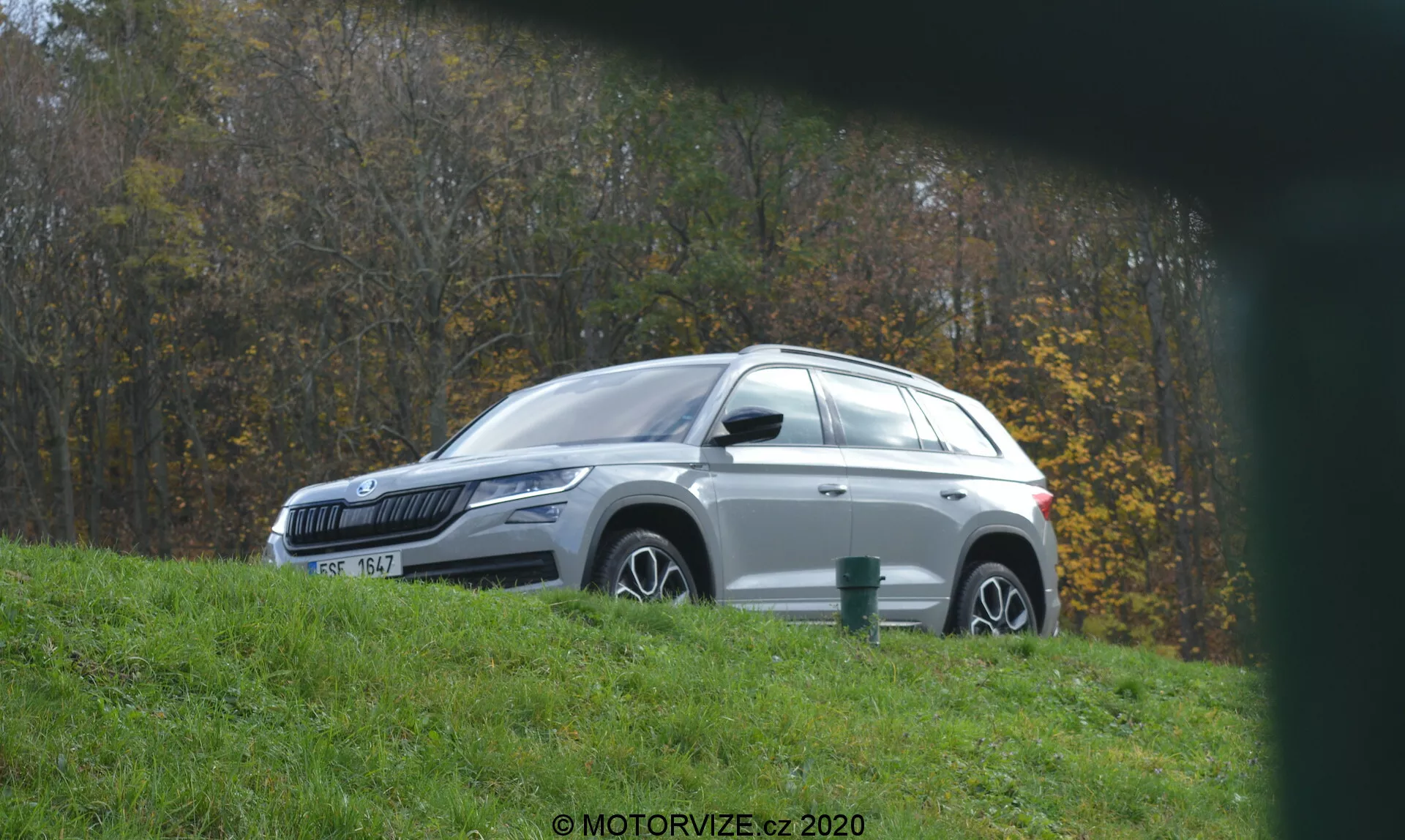 Vue de profil latéral d'un SUV Skoda Kodiaq 2017 blanc stationné sur une colline herbeuse, orienté vers la gauche, avec des jantes en alliage et une peinture métallique reflétant la lumière du soleil. Le cadre comprend un feuillage et des arbres, suggérant un endroit rural ou dans un parc. Vu d'un angle bas à travers un premier plan flou, le véhicule présente des éléments de design moderne tels que des phares LED, des rétroviseurs avec clignotants intégrés, des vitres teintées, des rails de toit et une antenne en forme d'aileron de requin.