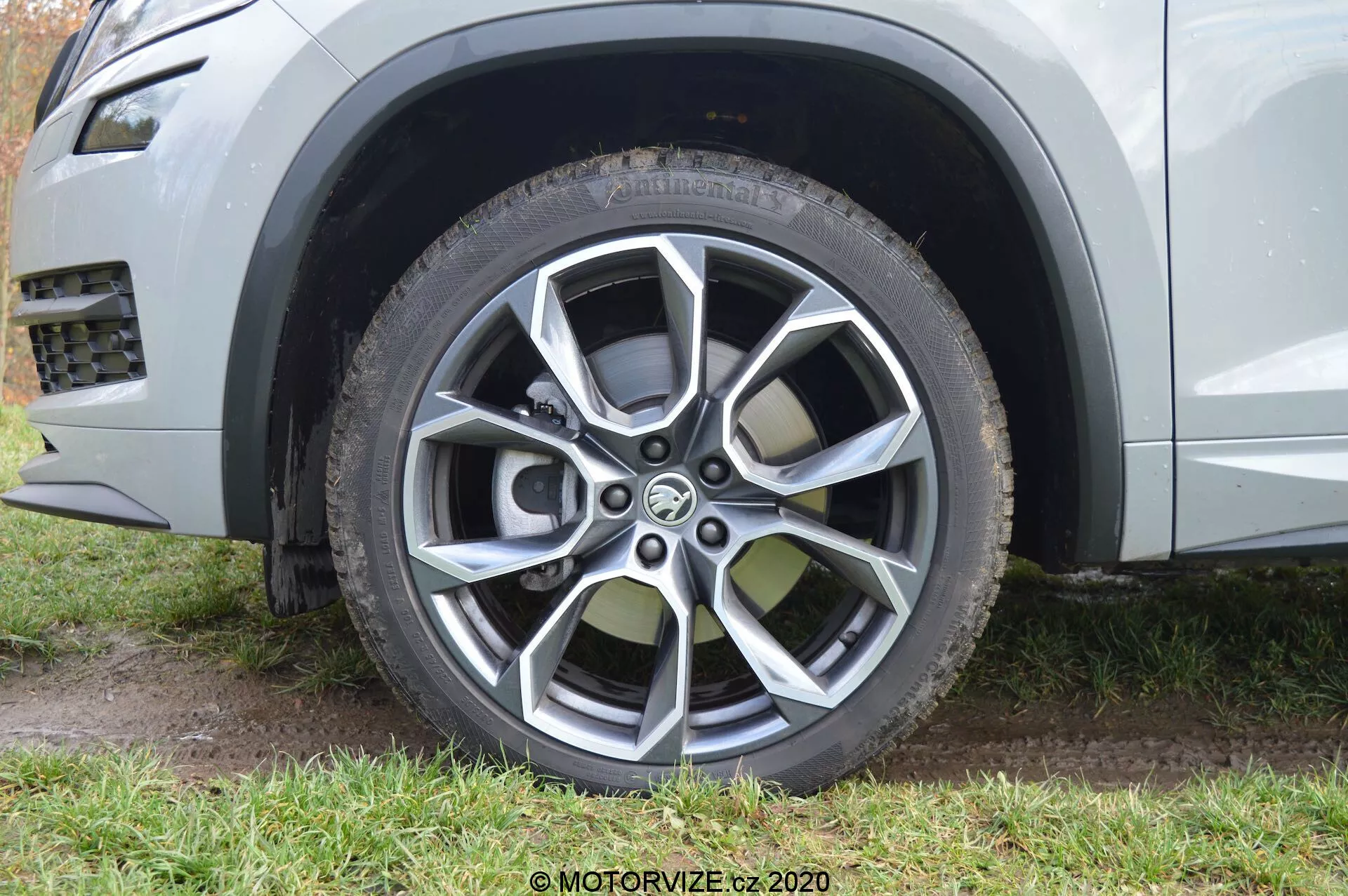 Vue en gros plan de la roue avant d'une voiture et du garde-boue partiellement visible prise sous un angle bas. La roue en alliage moderne présente un design multi-branches avec une finition argentée, mise en valeur par des branches appariées complexes. Le pneu radial avec lettrage en relief sur le flanc suggère une aptitude à une utilisation sur route ou en tout-terrain léger. L'herbe et la boue autour du pneu impliquent que la voiture se trouve sur une surface non pavée.