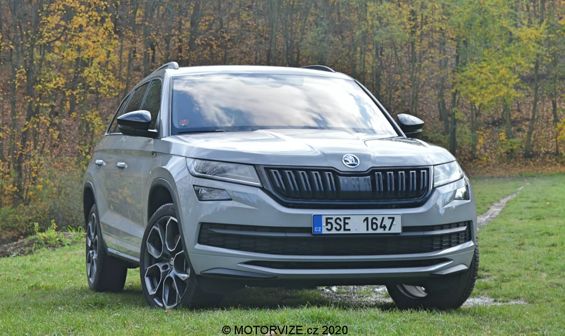 Vue avant trois quarts d'un SUV moderne Skoda Kodiaq 2017 stationné sur une zone herbeuse avec des arbres en arrière-plan. Les caractéristiques visibles incluent une calandre avant proéminente avec des lattes verticales et un badge de marque central, des phares horizontaux élégants avec des feux de jour à LED, une garde au sol élevée, de grandes roues en alliage à plusieurs rayons, des passages de roue prononcés, une plaque de protection argentée, des lignes de contour distinctes sur le capot, des rétroviseurs peints couleur carrosserie avec des clignotants intégrés, des vitres latérales teintées, une ligne de toit légèrement inclinée vers l'arrière avec des barres de toit.
