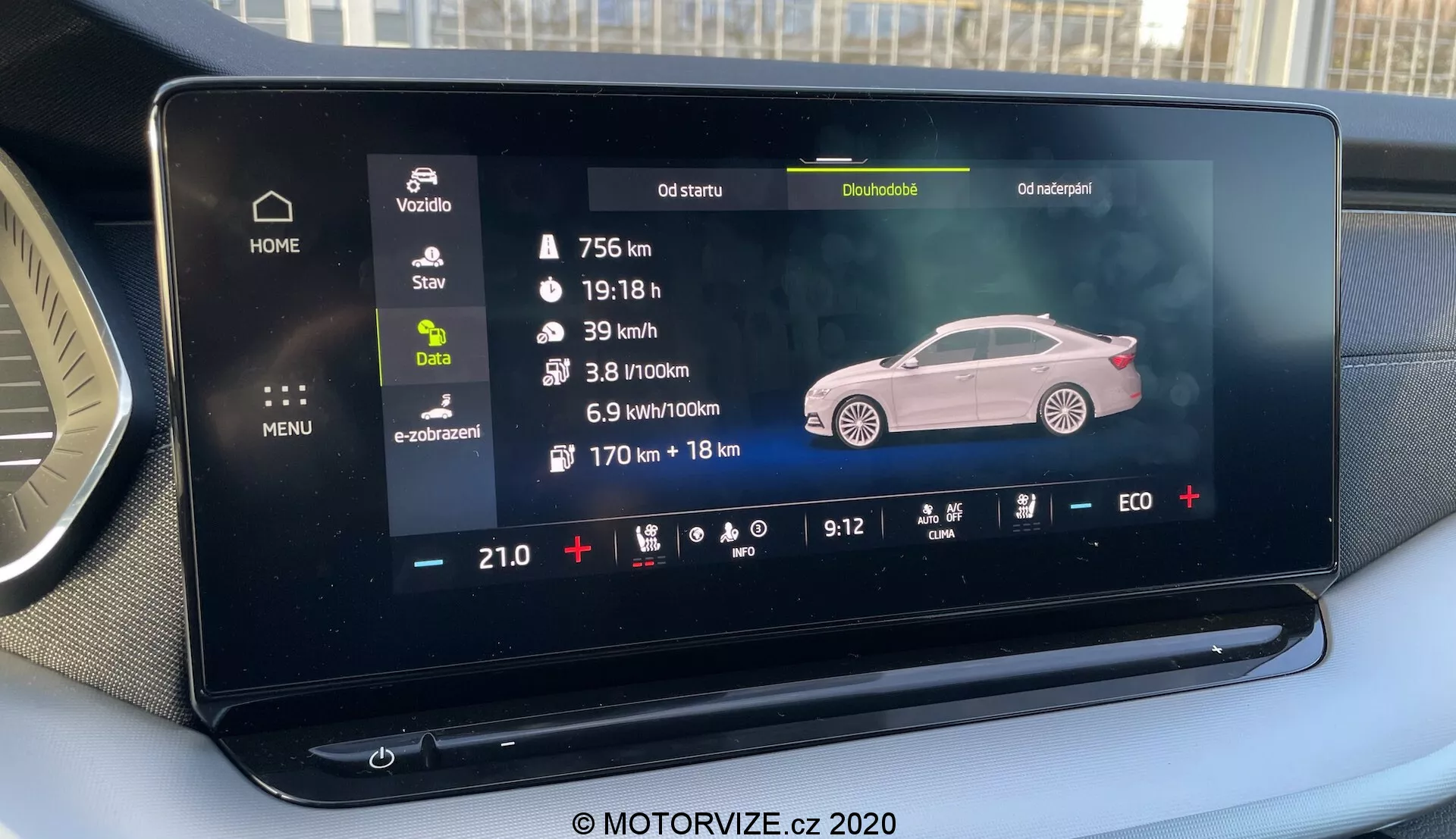 Écran tactile d'infodivertissement de la Skoda Octavia Limousine 2020 affichant l'état du véhicule, des diagnostics et des réglages de climatisation, avec une illustration du profil latéral d'une berline.