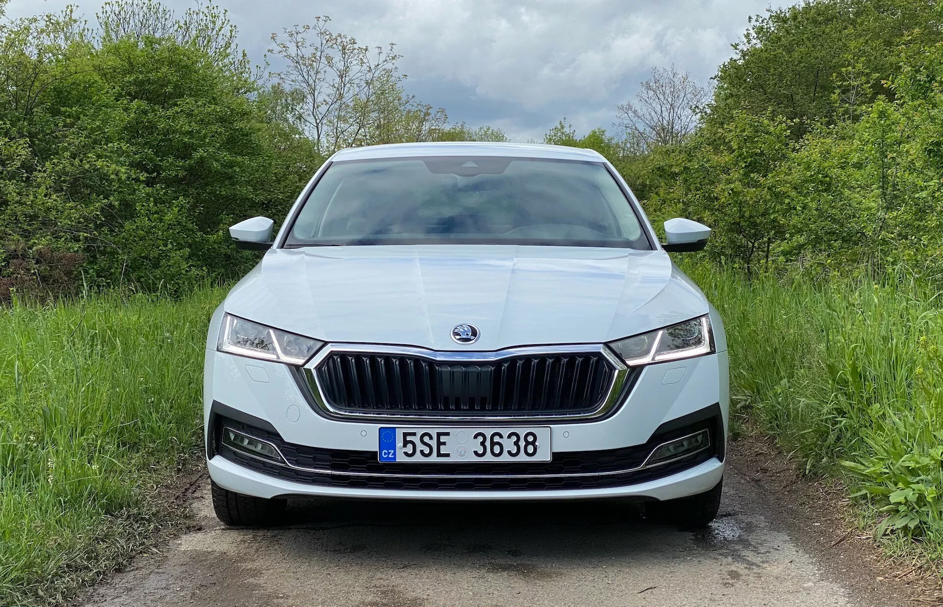 Vue frontale d'une berline Skoda Octavia 2020 sur une route rurale avec une calandre avant proéminente à lamelles verticales et contour chromé, des phares LED étroits avec feux de jour, emblème de la marque au centre, capteurs de stationnement possibles dans le pare-chocs, plaque d'immatriculation centrée, finition peinture métallique, prises d'air et éventuellement des phares antibrouillard.