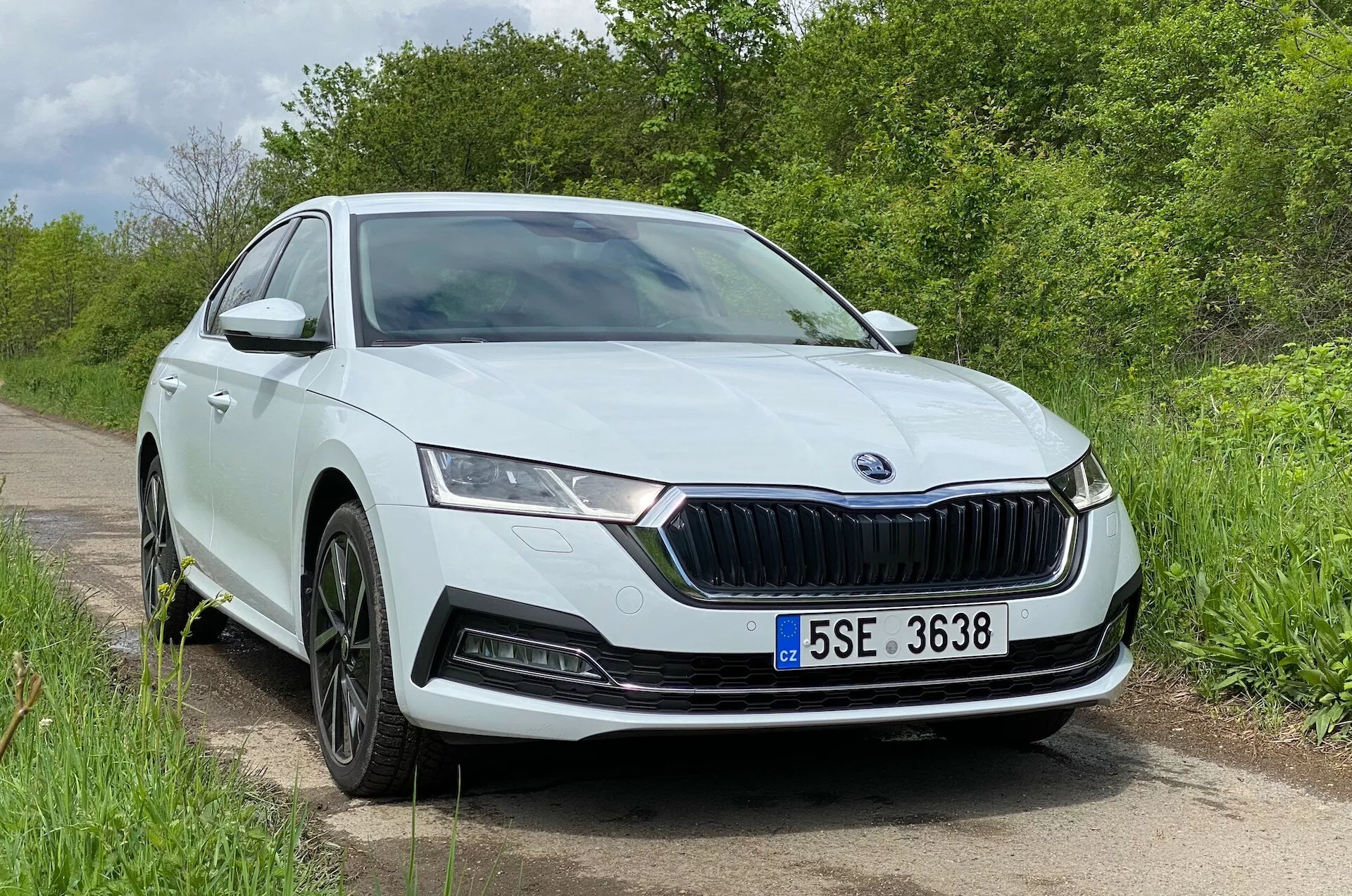 Vue en gros plan de trois quarts avant de la Skoda Octavia Limousine 2020 moderne, mettant en valeur sa calandre avant proéminente avec des lamelles verticales, ses phares LED élégants, les lignes contournées du capot, son pare-chocs avant sophistiqué avec des antibrouillards ou des capteurs, et ses jantes alliage multi-branches, avec un arrière-plan naturel et vert.