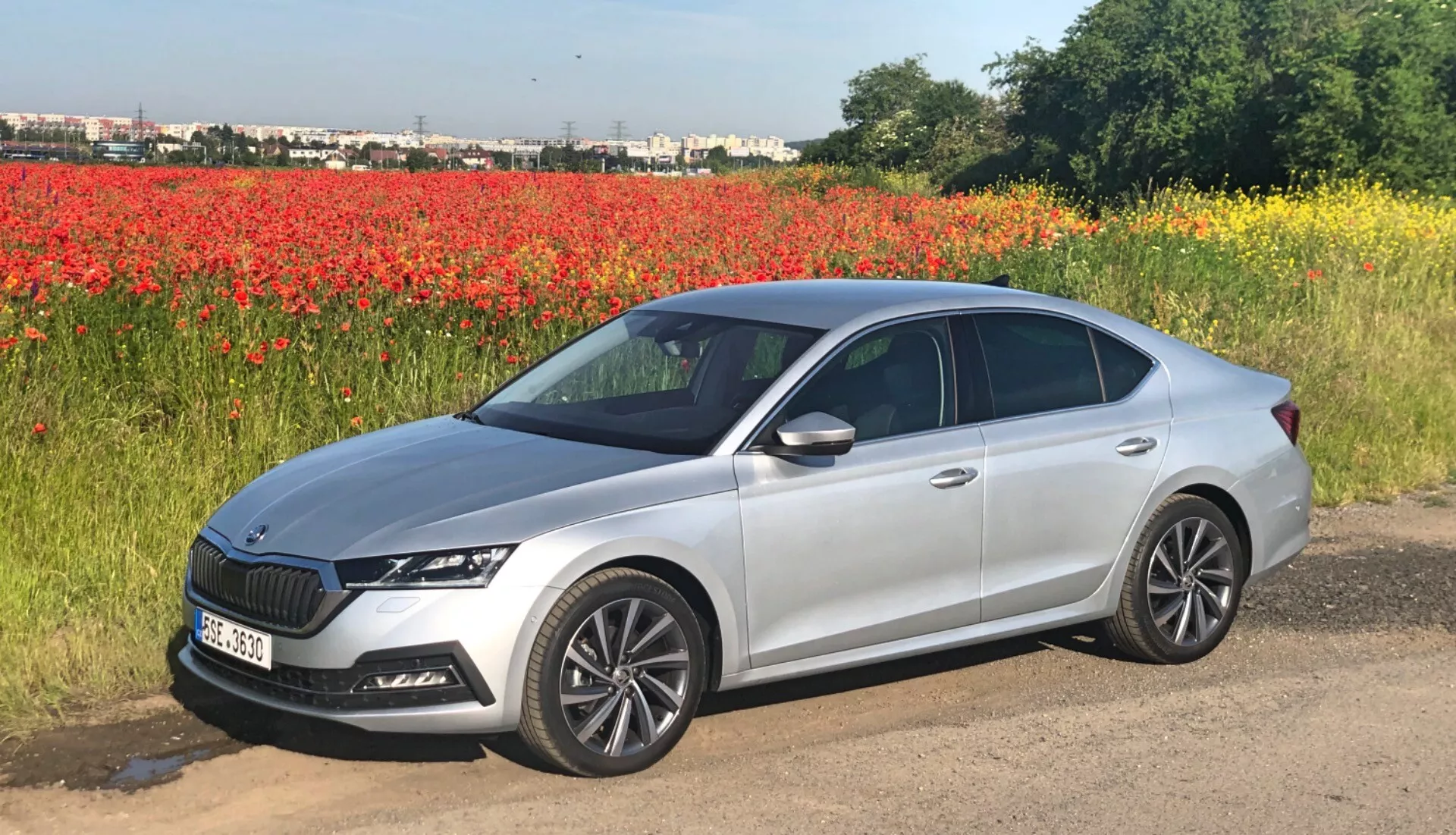 Image d'une berline Skoda Octavia 2020 en gris métallisé clair, garée sur un terrain adjacent à un champ de fleurs rouges, possiblement des coquelicots, sous un ciel clair. La photographie capture le profil complet de la voiture sous un angle latéral, mettant en valeur son design propre et moderne et sa finition brillante. Les caractéristiques visibles incluent une ligne d'épaule proéminente, des rétroviseurs latéraux élégants avec clignotants intégrés, des poignées de portes assorties à la carrosserie, des jantes en alliage multi-branches, des phares à LED fins et une calandre partiellement visible avec un grand emblème central encadré par des accents chromés ou argentés. Les feux arrière enveloppent les panneaux arrière, et les vitres de la voiture ont une teinte légère. L'image montre le profil du véhicule sur un fond naturel pittoresque, mettant en valeur son esthétique contemporaine.