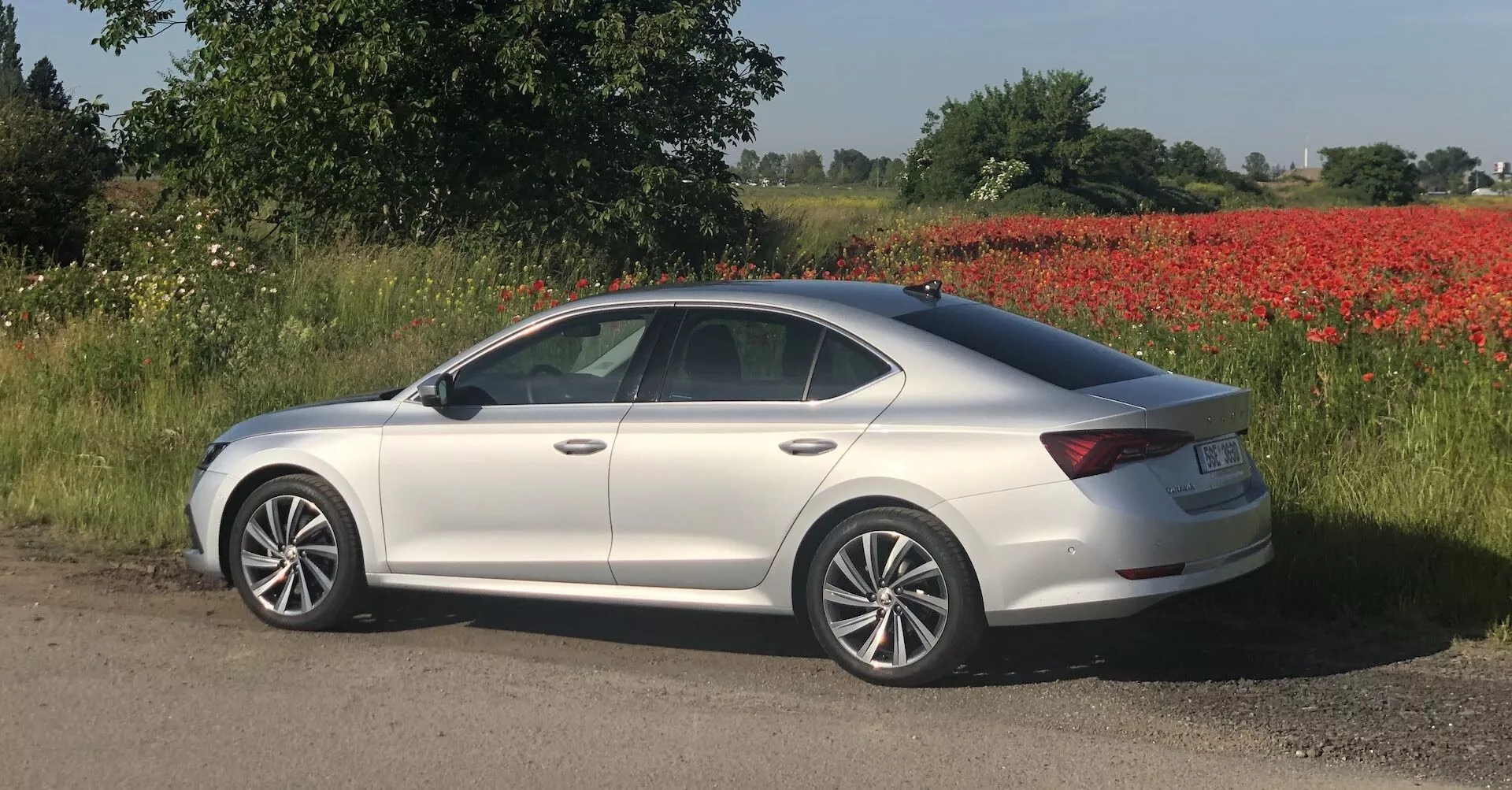 Vue de profil latéral d'une berline Skoda Octavia 2020, couleur argent, garée sur un chemin de gravier avec un champ et des arbres en arrière-plan. Le véhicule présente une ligne de toit élégante et légèrement inclinée qui se fond dans un coffre court, caractéristique d'une berline moderne. Il a quatre portes, des rétroviseurs de la couleur de la carrosserie et des garnitures chromées autour des fenêtres. Les roues en alliage ont un design à plusieurs branches et les poignées de porte sont également de la couleur de la carrosserie. Un pli léger traverse le côté, ajoutant à son apparence dynamique. Les capteurs sur les rétroviseurs peuvent indiquer une technologie de surveillance des angles morts. L'environnement comprend une tache vive de fleurs rouges, probablement des coquelicots.