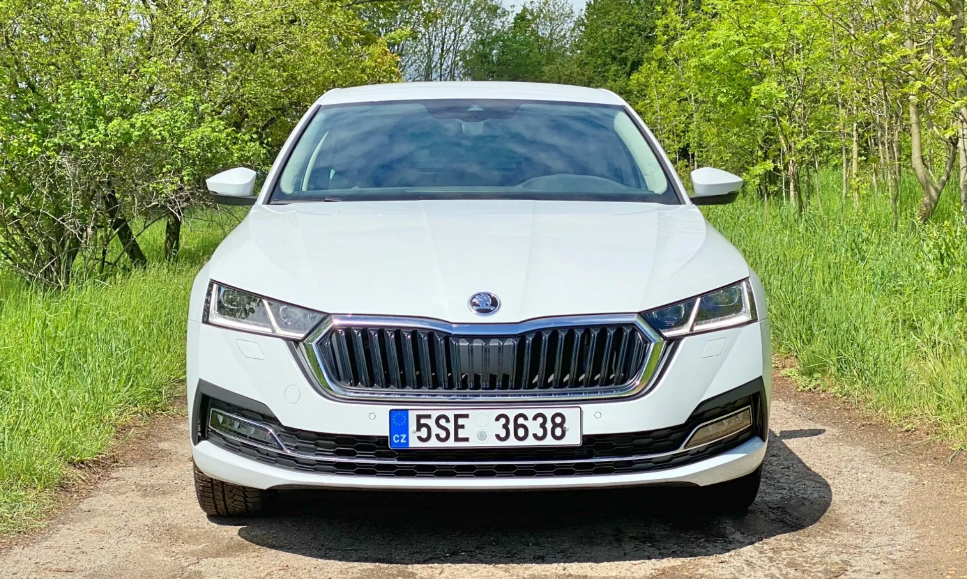 Vue de face d'une Skoda Octavia 2020 blanche (Octavia-Limousine) sur un chemin de gravier. L'image capture l'ensemble de la façade avant, y compris la calandre proéminente avec des lattes verticales, les phares à LED élégants, le pare-chocs avant intégré en douceur et les prises d'air inférieures minimalistes. Le capot présente des lignes de contour subtiles et l'emblème du fabricant est positionné au centre de la calandre. La voiture est dans un cadre naturel avec de la verdure et du feuillage en arrière-plan.