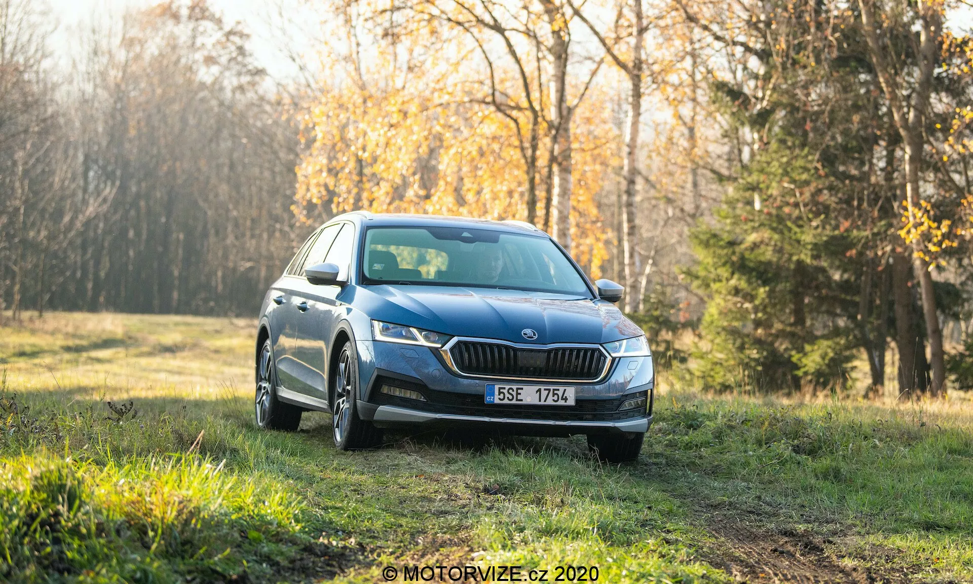 Une berline Skoda Octavia Scout 2020 bleue, photographiée à angle trois quarts avant, garée sur une zone herbeuse avec une forêt en arrière-plan. L'image montre des phares à LED modernes, une calandre avant distincte, des feux antibrouillard, des jantes à rayons multiples et des clignotants intégrés aux rétroviseurs latéraux. La scène semble se situer tôt le matin ou en fin d'après-midi avec une lumière douce, donnant une teinte chaleureuse à la voiture propre destinée à la publicité ou aux critiques. L'arrière-plan flou met en valeur les caractéristiques de design du véhicule et son environnement extérieur attrayant.