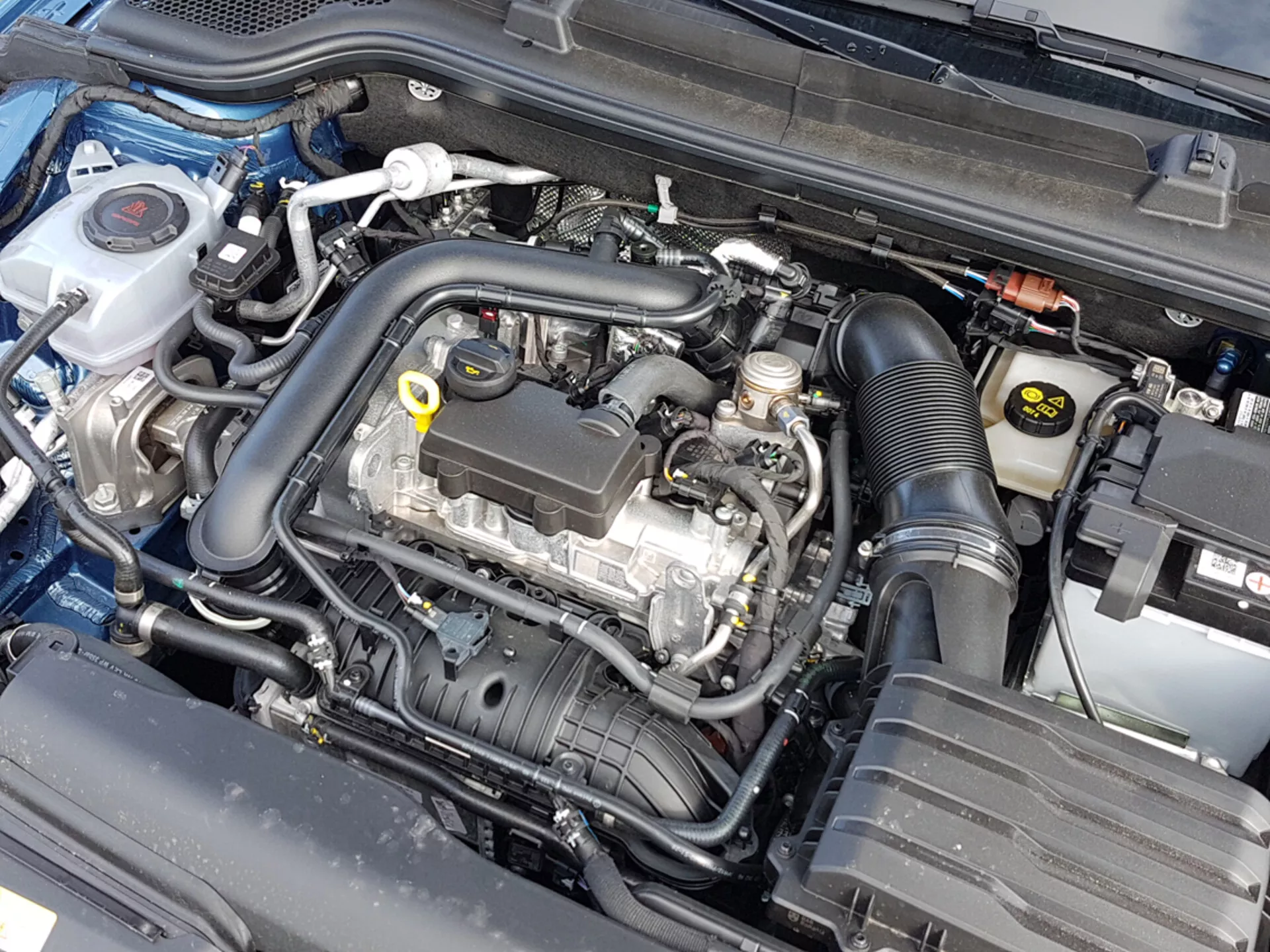 Vue rapprochée du compartiment moteur d'une Skoda Scala 2019 avec le capot ouvert, montrant le bloc moteur et divers composants tels que le réservoir de liquide de refroidissement, le boîtier du filtre à air et la batterie, indicatif de l'ingénierie automobile et de l'attention portée à l'entretien.