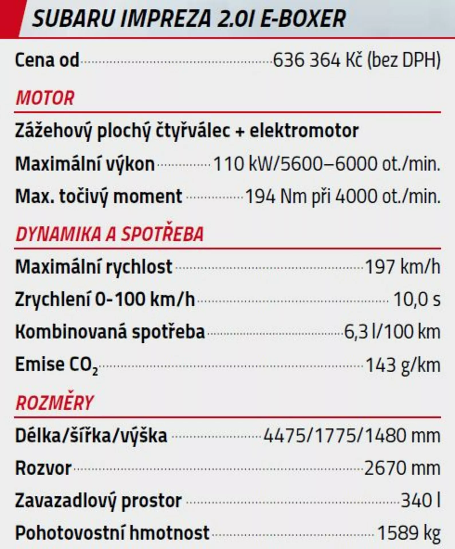 Tableau des spécifications pour Subaru Impreza 2.0i E-BOXER 2018 montrant le prix, les détails du moteur, la puissance, le couple, les performances, la vitesse, l'accélération, la consommation de carburant, les émissions de CO2, les dimensions, l'empattement, le volume de chargement et le poids en langue tchèque