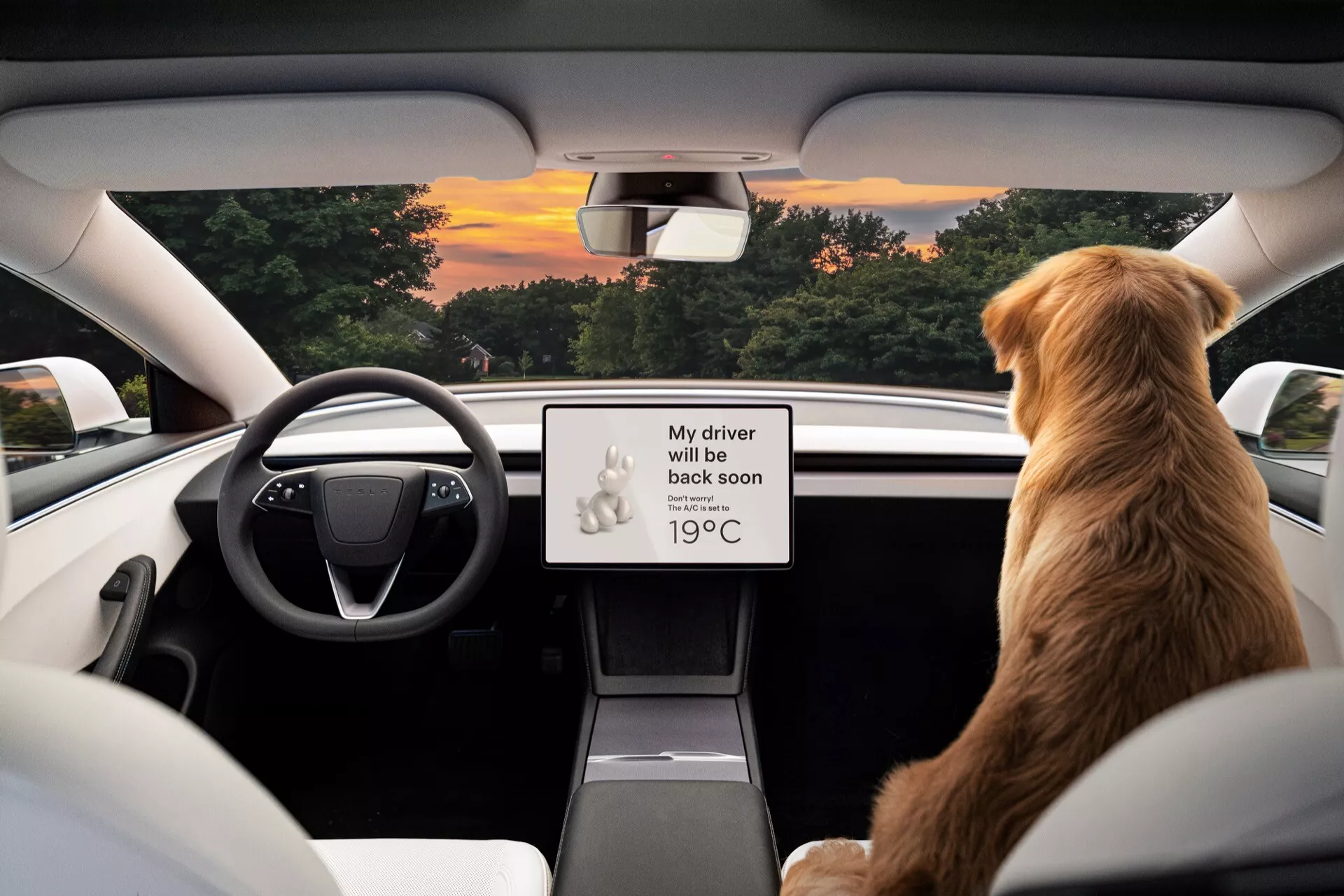 Vue intérieure du Tesla Model 3 2023 (1re génération, facelift) depuis le siège arrière montrant le volant à fond plat, l'écran central infotainment avec message de sécurité pour animaux de compagnie, transmission automatique, design moderne minimaliste, et vue extérieure de l'aube ou du crépuscule à travers le pare-brise.