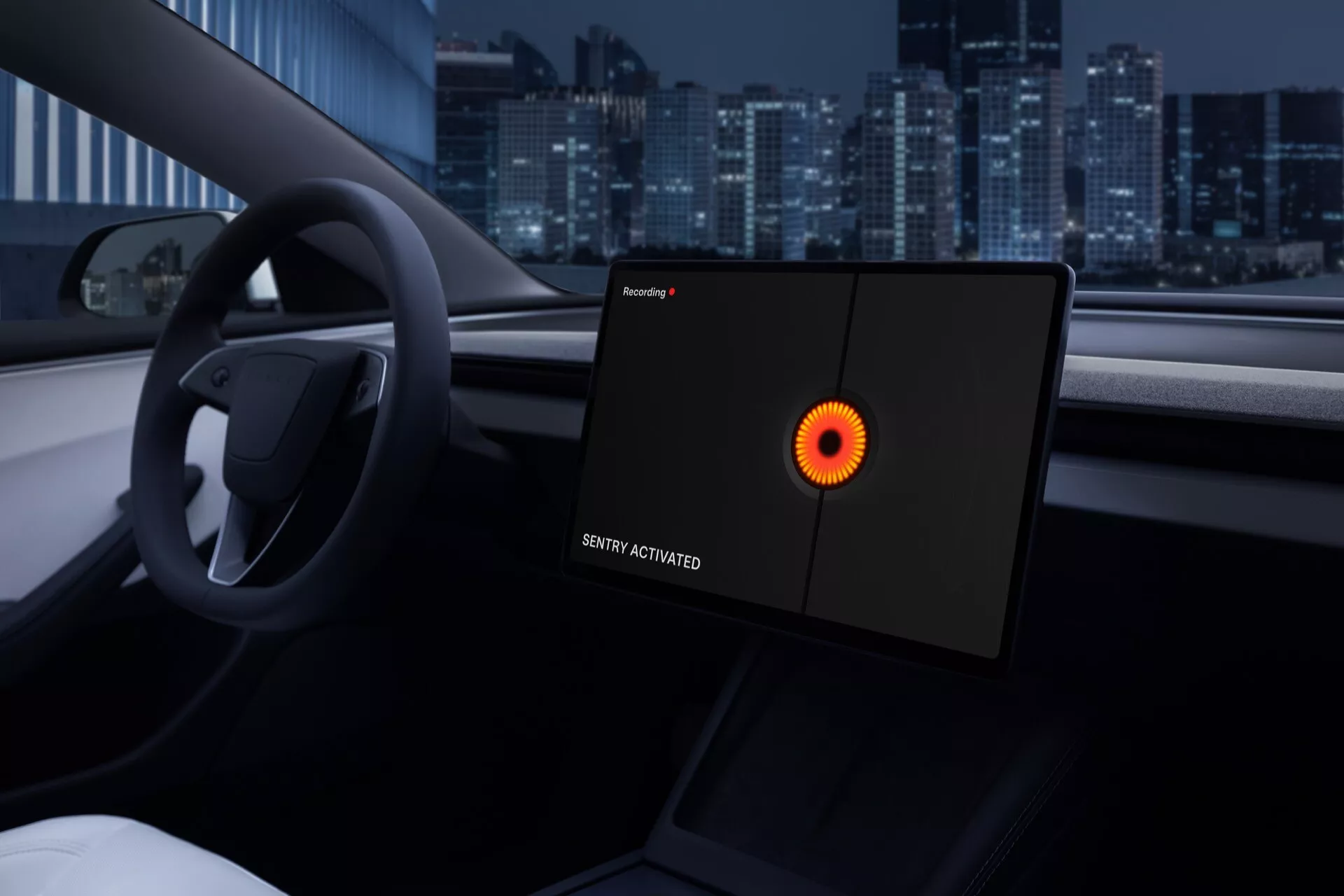 Vue intérieure de la Tesla Model 3 2023 (Facelift de 1ère Génération) montrant le côté conducteur moderne et minimaliste avec un focus sur le tableau de bord numérique innovant affichant le message 'SYSTÈME ACTIVÉ' sur fond de paysage urbain nocturne