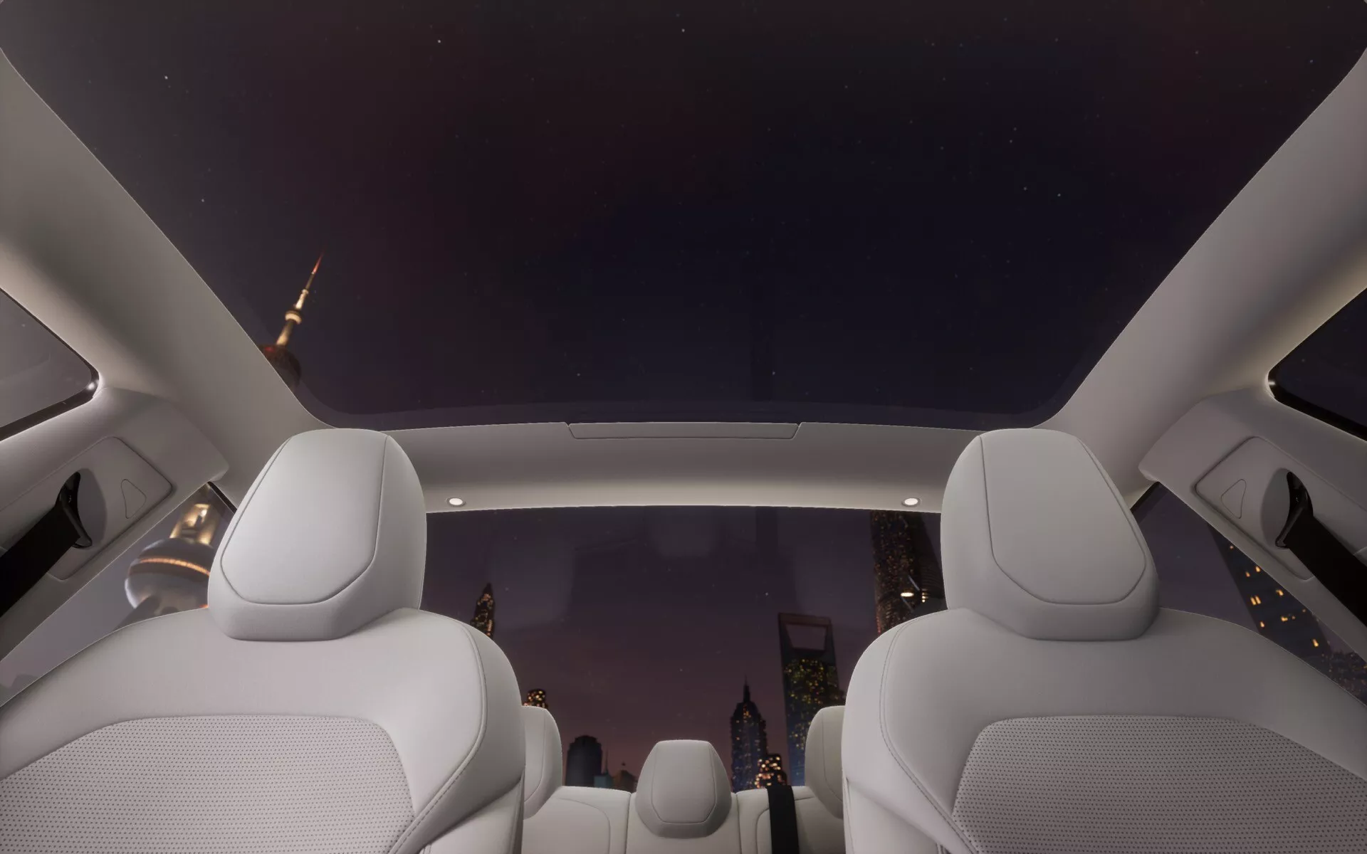 Vue intérieure depuis la banquette arrière du Tesla Model 3 facelift 2023 de nuit, présentant la sellerie en cuir luxueux et l'immense toit panoramique offrant une vue sur les silhouettes de la ville