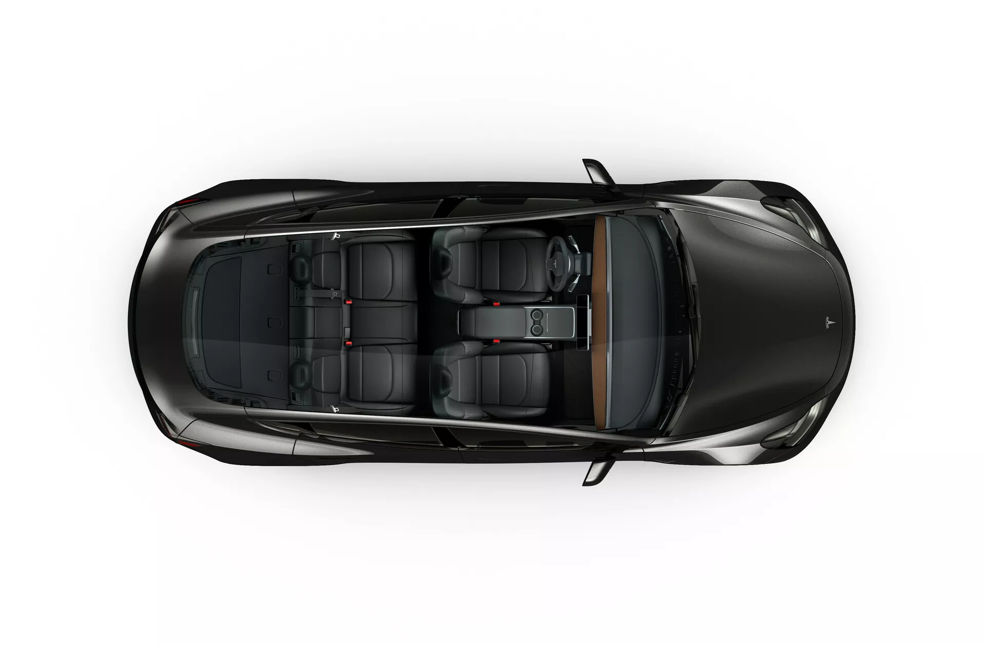 Vue de haut en bas d'une Tesla Model 3 2019 (1ère génération). L'image montre entièrement le dessus du véhicule, mettant en valeur un design élégant et moderne. L'avant de la voiture est orienté vers le bas de l'image et l'arrière vers le haut. Les caractéristiques clés visibles sous cet angle incluent un toit panoramique, une ligne de carrosserie nette soulignant la forme aérodynamique et quatre poignées de porte. La voiture présente un design sportif et compact avec une peinture noire. Les sièges intérieurs sont visibles à travers les fenêtres et le toit panoramique, disposés en deux rangées avec des sièges avant de style sportif ou luxueux et une banquette arrière. Aucun élément externe tel que des rétroviseurs, pare-chocs ou roues n'est visible dans cette vue de haut en bas.