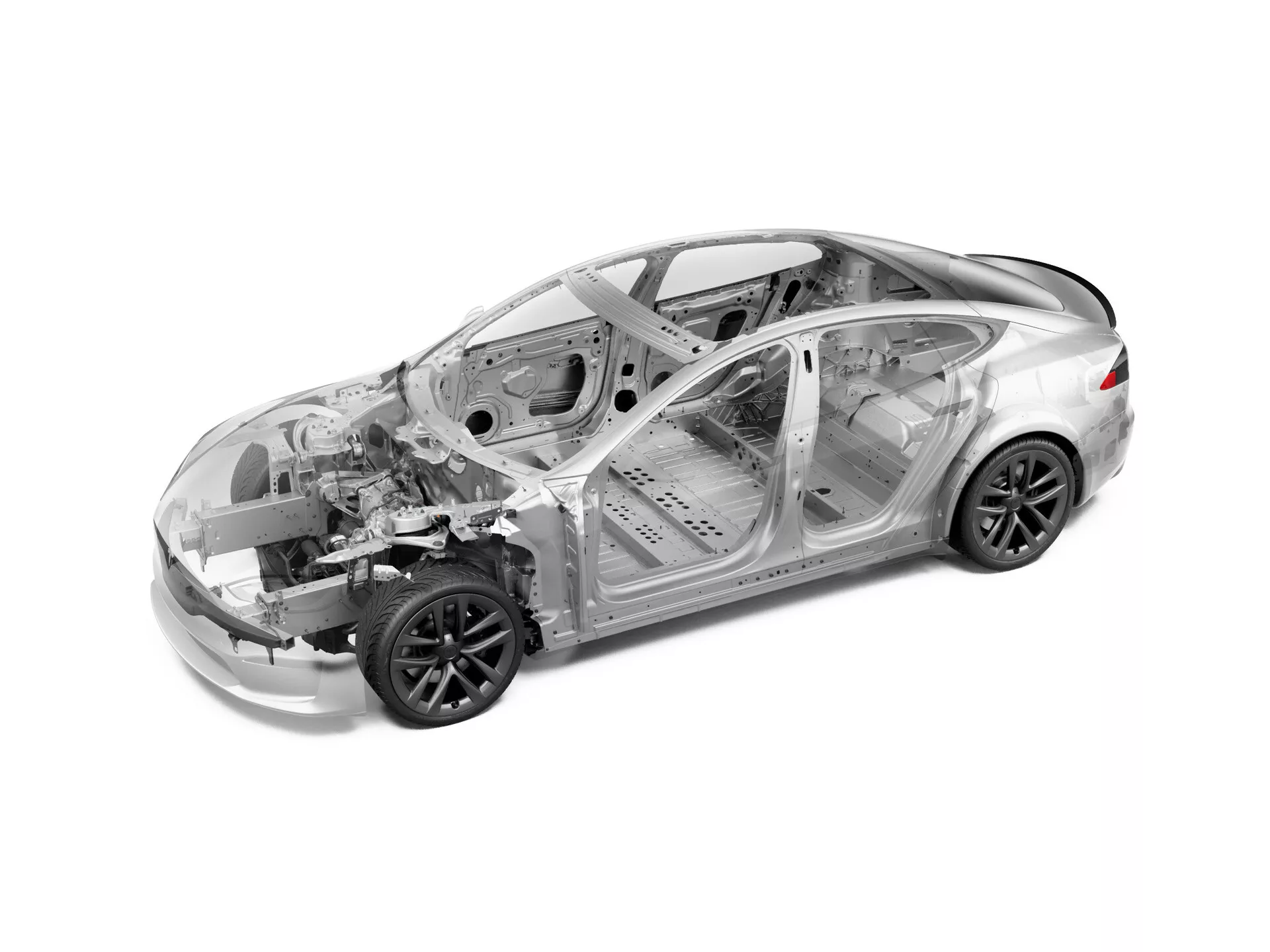 Vue frontale de trois quarts surélevée d'une Tesla Model S 2016 (première génération, restylage) montrant son avant, son capot, son toit et son profil latéral. Partiellement transparent, l'image met en évidence les structures internes, y compris le cadre squelettique, le pare-chocs avant, le compartiment moteur, le roll cage, la disposition des sièges, la zone du coffre et les pneus à profil bas avec jantes noires. Illustration éducative ou promotionnelle montrant l'ingénierie et la construction du véhicule.