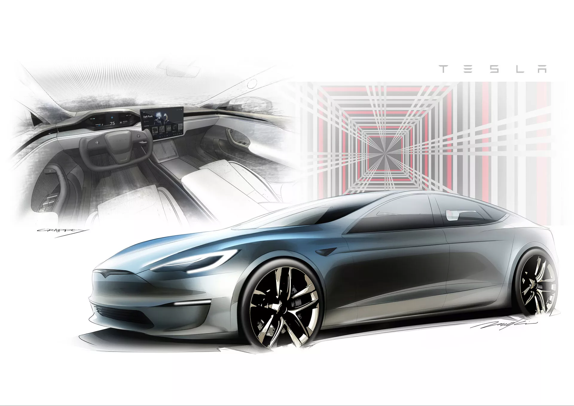 Rendu stylisé de la Tesla Model S 2016 (1ère génération, restylée) vu d'une perspective latérale à basse angle. Le profil aérodynamique et la silhouette élégante et profilée avec une ligne de toit basse sont mis en valeur, avec une grille lisse et fermée, des phares fins et des jantes en alliage à plusieurs branches avec des jantes noires et des détails argentés. Un encart dans le coin supérieur gauche montre un tableau de bord minimaliste avec un grand écran tactile, mettant en avant un intérieur moderne et axé sur la technologie. L'arrière-plan inclut un motif graphique indiquant la connectivité numérique, tandis que le logo TESLA est affiché de manière proéminente dans le coin supérieur droit, mettant en avant le design innovant et futuriste de la marque.