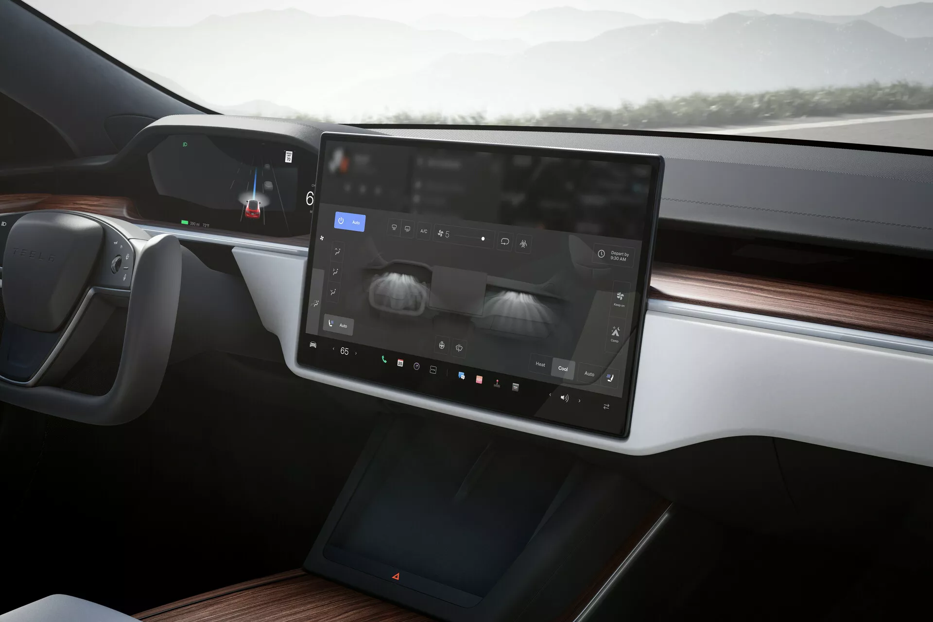 Vue intérieure d'une Tesla Model S 2016 (facelift de première génération) centrée sur la console centrale et le tableau de bord du conducteur. Les caractéristiques principales incluent un grand écran tactile, un tableau de bord numérique, un volant au design moderne, des finitions en bois, un éclairage d'ambiance et un design minimaliste et élégant sans bouches d'aération traditionnelles.