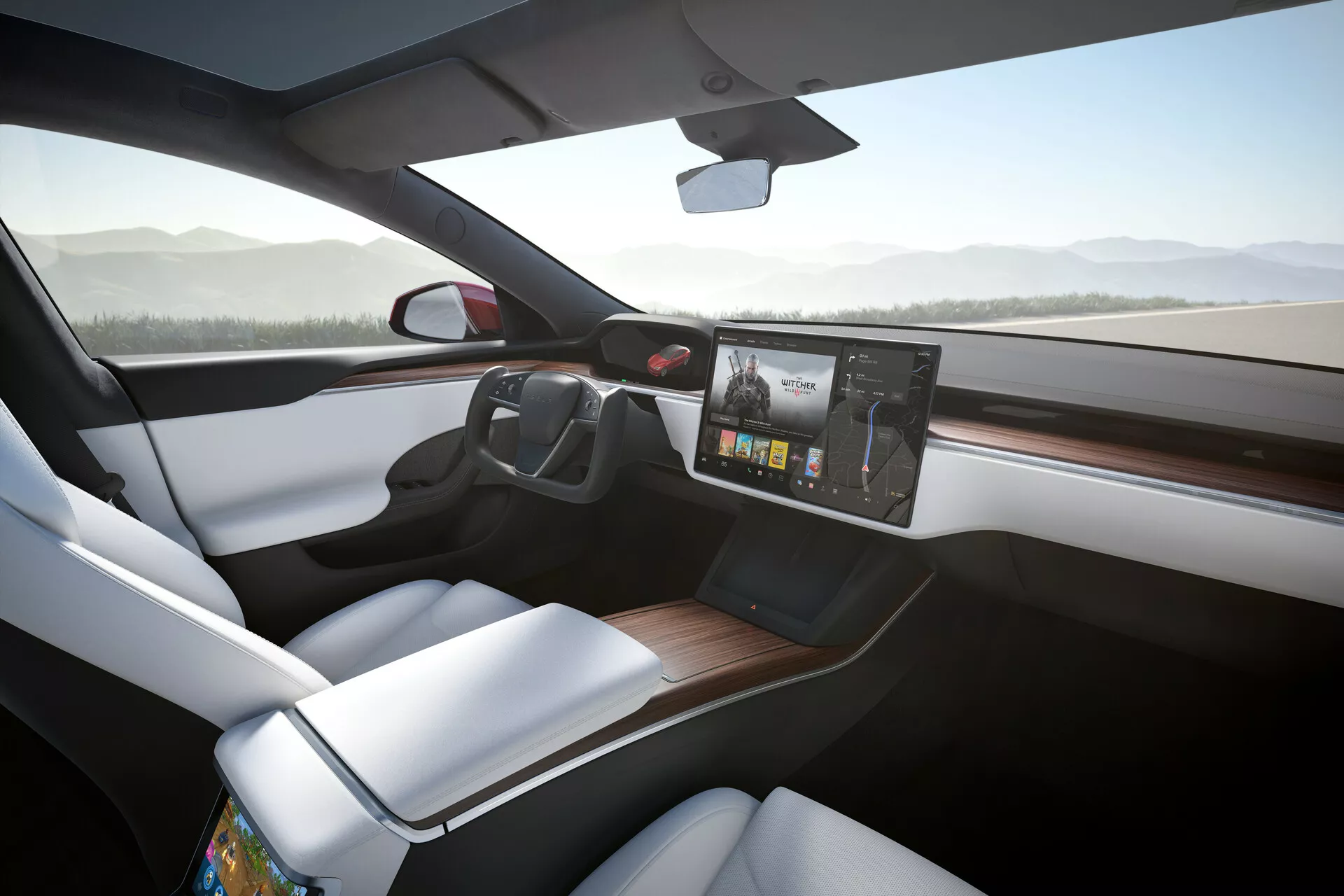 Vue intérieure d'une Tesla Model-S 2016 (restylage de première génération), présentant un tableau de bord élégant avec un système d'infodivertissement à écran tactile large central affichant des contrôles de navigation et multimédia. Volant avec boutons de contrôle avancés et panneaux tactiles pour diverses fonctions de la voiture, et rétroviseur électrochrome auto-assombrissant. Design intérieur minimaliste avec garniture horizontale en bois, contrôles physiques minimaux, sièges blancs luxueux avec réglage électronique, chauffage et refroidissement visibles. Vitres des fenêtres latérales et arrière suggérant une filtration UV ou faisant partie d'un toit panoramique. Probabilité de systèmes avancés d'assistance à la conduite et tableau de bord numérique. Un léger flou de mouvement à l'extérieur indique que la voiture est en mouvement.