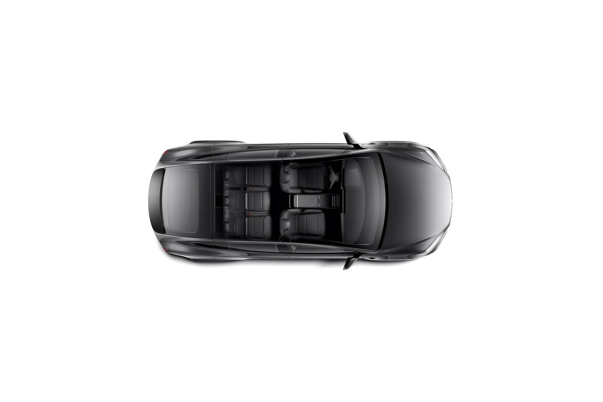 Vue de dessus d'une berline montrant son toit et sa forme de carrosserie allongée. Cette Tesla Model-X 2021 première génération avec facelift a un toit ouvrant et quatre portes, vue directement de dessus. L'image met en avant le design aérodynamique moderne du véhicule, les rétroviseurs latéraux près des vitres avant, et les potentiels systèmes d'antenne ou capteurs pour GPS, radio satellite ou autres communications. La voiture est centrée dans le cadre, orientée vers le bas.