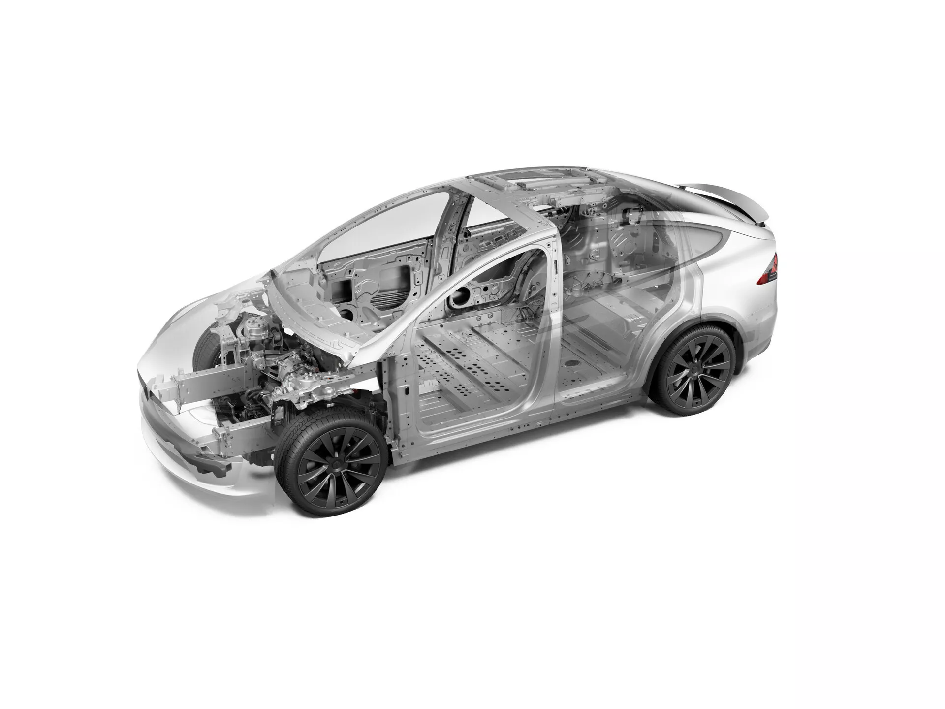Une image inclinée en plongée d'une Tesla Model-X 2021 facelift de première génération, montrant une vue en rayons X de la voiture avec un focus sur les composants structurels et mécaniques internes. La perspective inclinée révèle le côté conducteur et la partie supérieure du véhicule, l'avant étant orienté vers le coin supérieur droit et l'arrière vers le coin inférieur gauche. Des détails comme la disposition du moteur avant, le système de suspension sophistiqué et la configuration des sièges à deux rangées sont visibles. La présentation monochrome et à fort contraste met en valeur les aspects technologiques et de génie de la voiture, soulignant le groupe motopropulseur, les renforts du châssis et d'autres éléments internes.