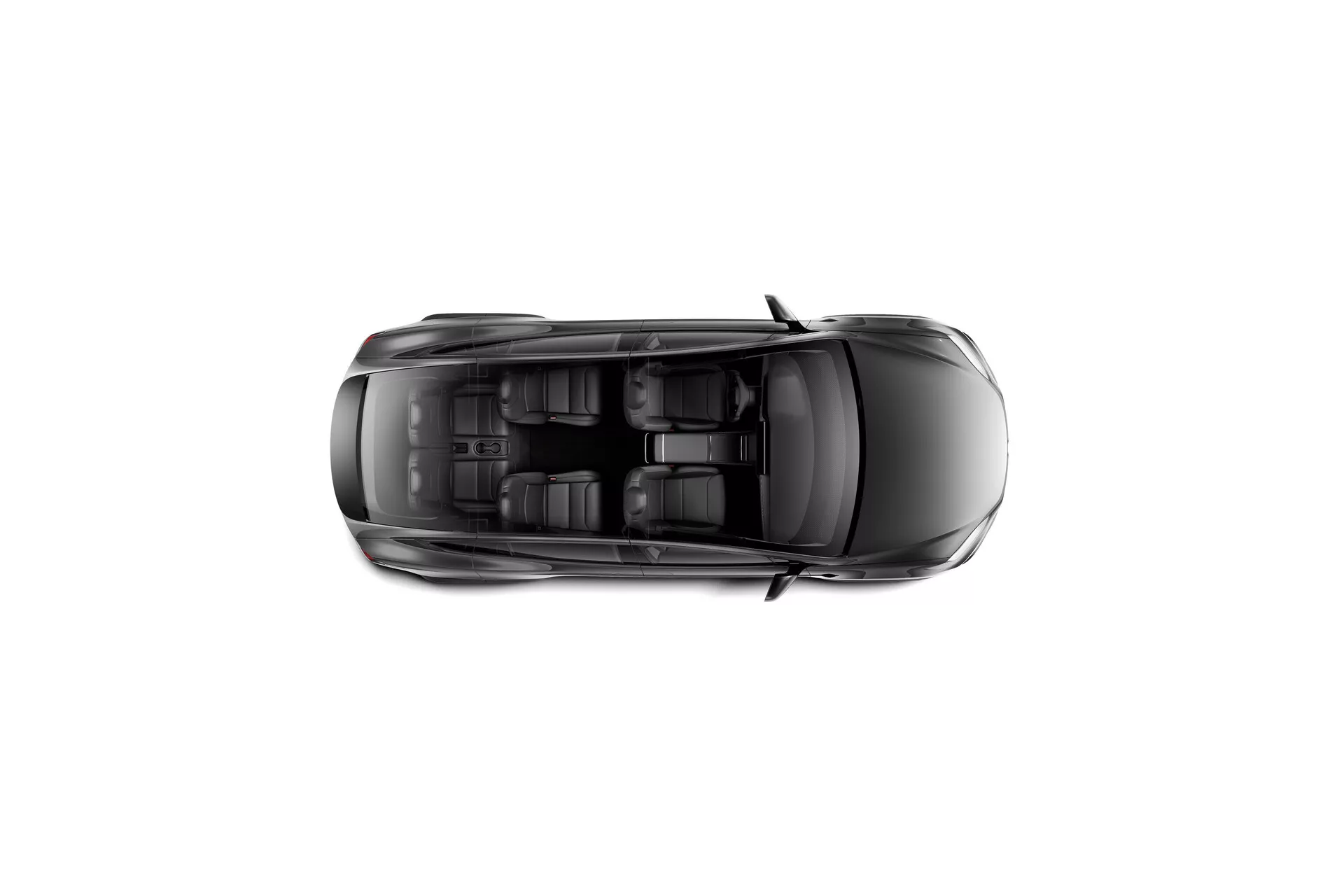 Vue de dessus d'une Tesla Model X 2021 (facelift de la 1ère génération) en orientation horizontale, montrant le toit complet avec un toit ouvrant et une antenne en aileron de requin. Contours nets des fenêtres, des cadres de porte et des éléments de design symétriques sur le toit, mettant en valeur le design moderne et aérodynamique du véhicule. L'apparence compacte et cohésive de la voiture sombre à quatre portes suggère qu'il pourrait s'agir d'une berline ou d'une compacte.