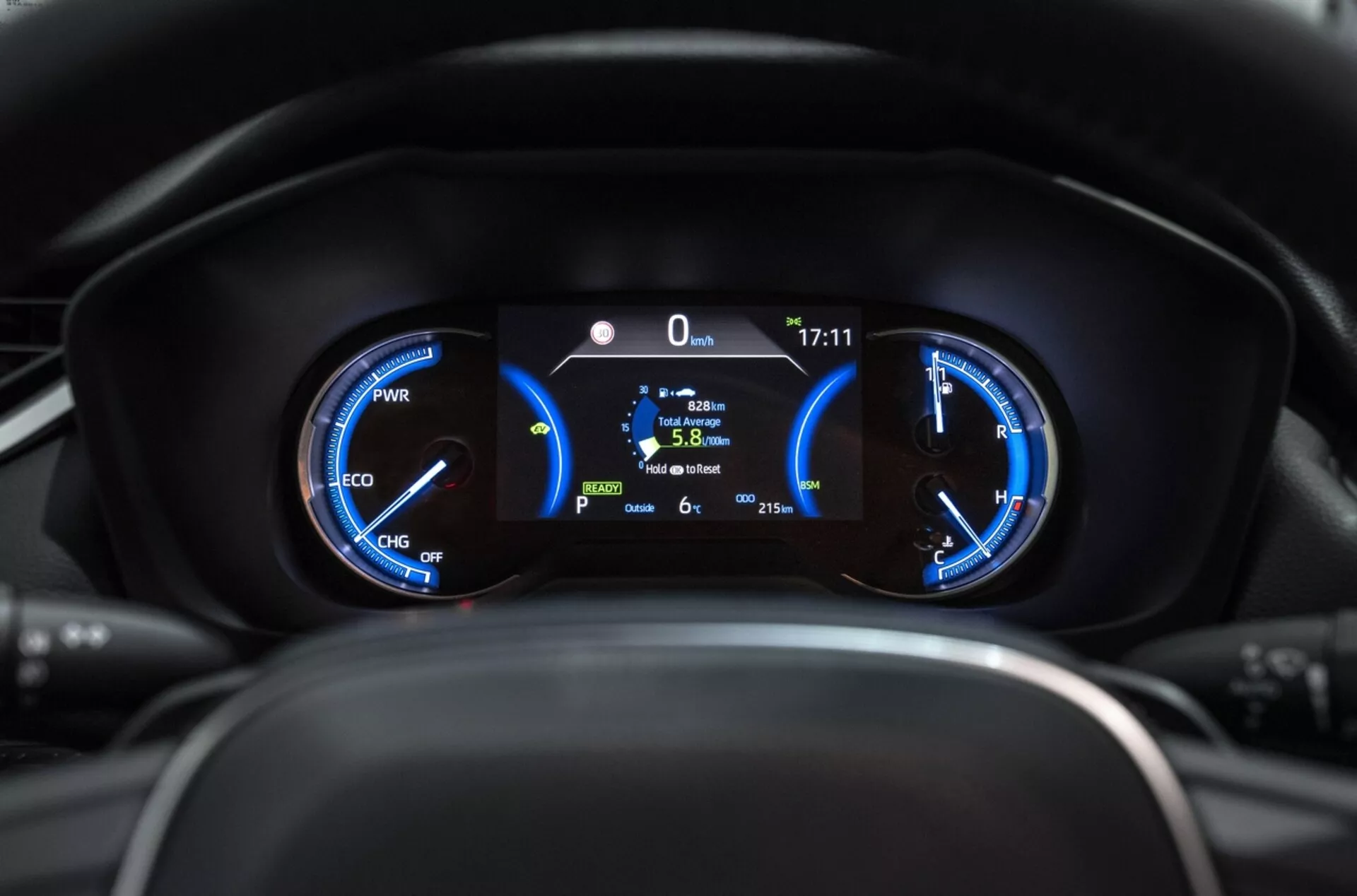 Gros plan sur le tableau de bord de la Toyota RAV4 2019 présentant des jauges hybrides avec un compteur de puissance, un compteur de vitesse, et un affichage digital central indiquant une position statique, efficacité énergétique et température extérieure du point de vue du conducteur.