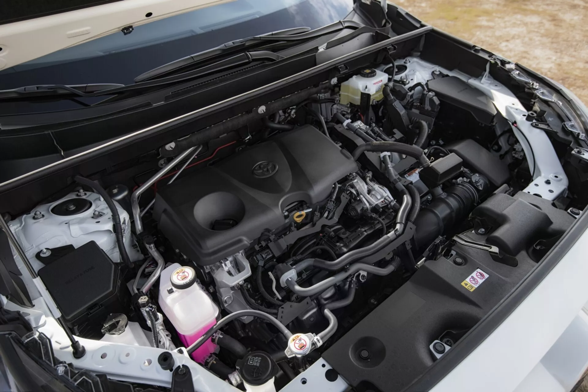 Vue rapprochée du compartiment moteur d'une Toyota RAV4 2019, mettant en évidence le design moderne et épuré et les composants tels que le couvre-moteur avec l'emblème de la marque, le système d'admission d'air, la batterie, le réservoir de liquide de frein et le réservoir de liquide de refroidissement, ainsi que divers tuyaux et faisceaux de câbles, sous le capot ouvert d'un angle oblique.