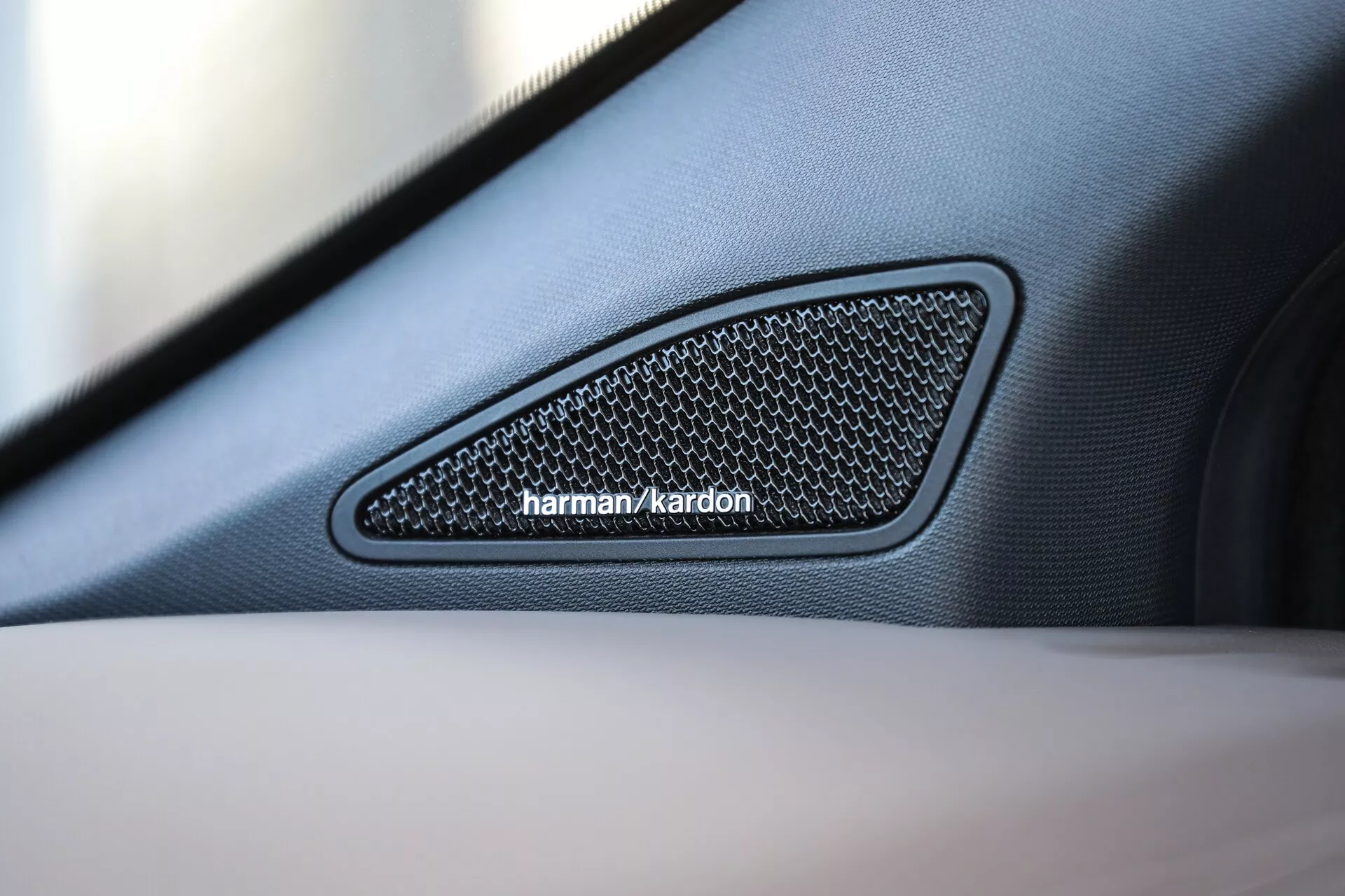 Gros plan sur la grille du haut-parleur intérieur du VW Nutzfahrzeuge Amarok 2023 sur le panneau de porte ; design triangulaire rétréci vers l'avant, marqué harman/kardon, texture hexagonale de la grille et garniture en similicuir à grain fin ; accent mis sur le système audio haut de gamme avec une faible profondeur de champ mettant en valeur les détails du haut-parleur.