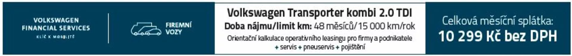 Bannière publicitaire de leasing pour Volkswagen Transporter Kombi 2.0 TDI affichant le prix de 10 299 Kč hors TVA et les conditions de kilométrage de 48 km/mois | 15 000 km/an