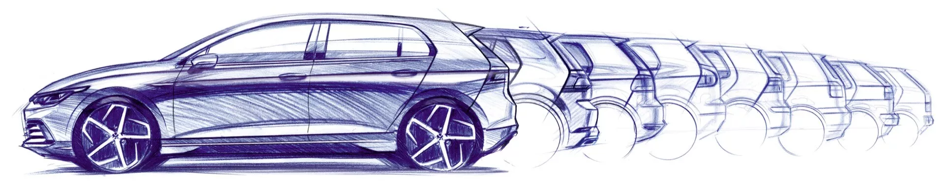 Représentation artistique de la VW Golf VIII avec lifting pour 2024 en effet de flou de mouvement pour évoquer un mouvement à grande vitesse