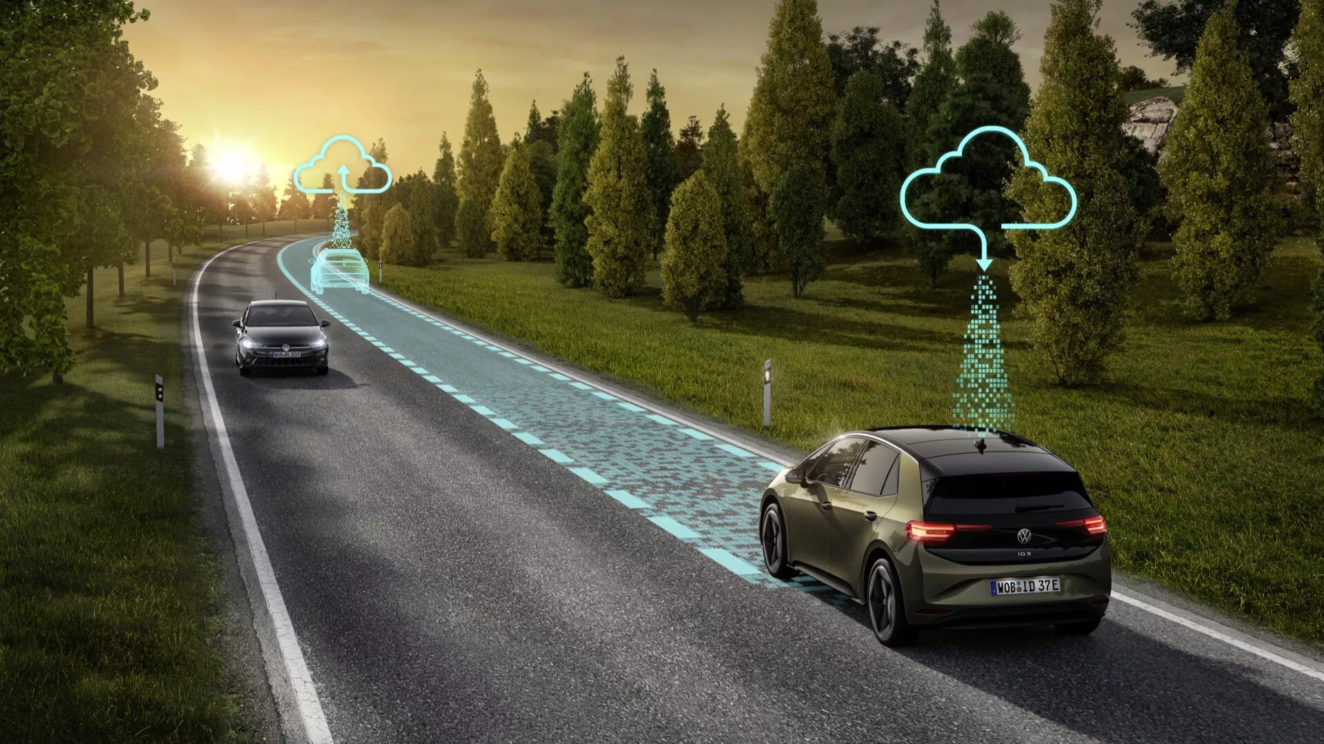 Rendu numérique de la VW ID.3 2023 (1ère génération restylée) montrant les technologies avancées d'aide à la conduite et de conduite autonome sur une route sinueuse entourée de verdure, avec un flou de mouvement indiquant le déplacement et des superpositions graphiques de trajectoire suggérant la connectivité cloud et les fonctionnalités de navigation